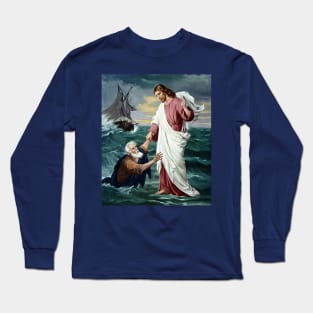 Jesus walking on the water and saving Peter Long Sleeve T-Shirt